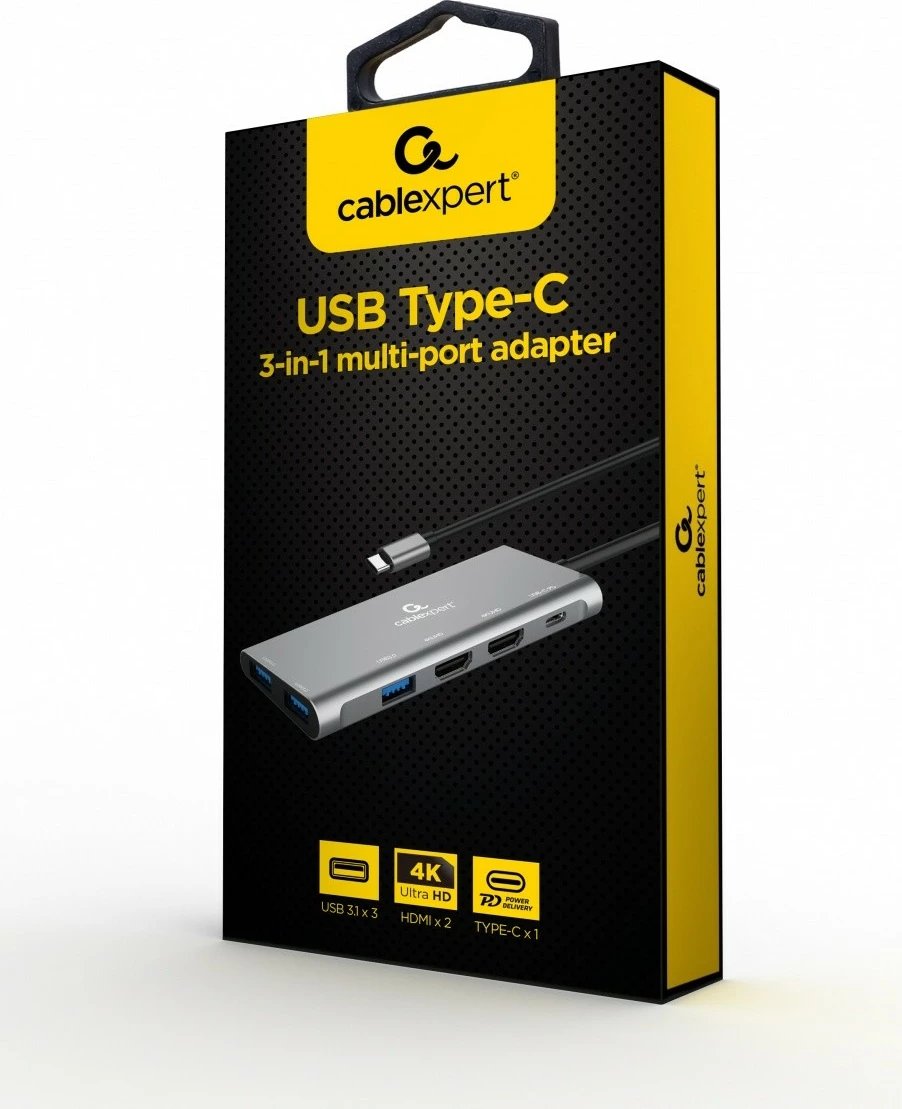 Adapter USB-C Gembird A-CM-COMBO3-03, 3x USB 3.0, 2x HDMI, USB-C PD, Gri