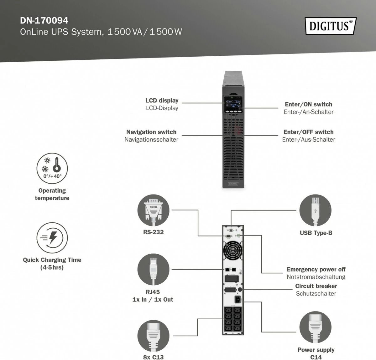 UPS online Digitus DN-170094, 1500VA/1500W, Rack 19", 3x12V/9Ah, 8xC13, LCD, i zi