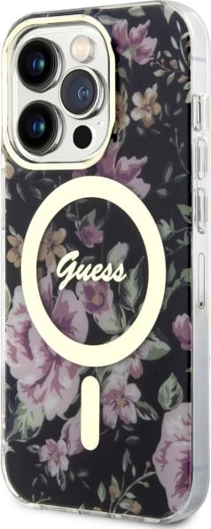 Mbështjellës Guess GUHMP14LHCFWSK për iPhone 14 Pro 6.1", Flower MagSafe, zi