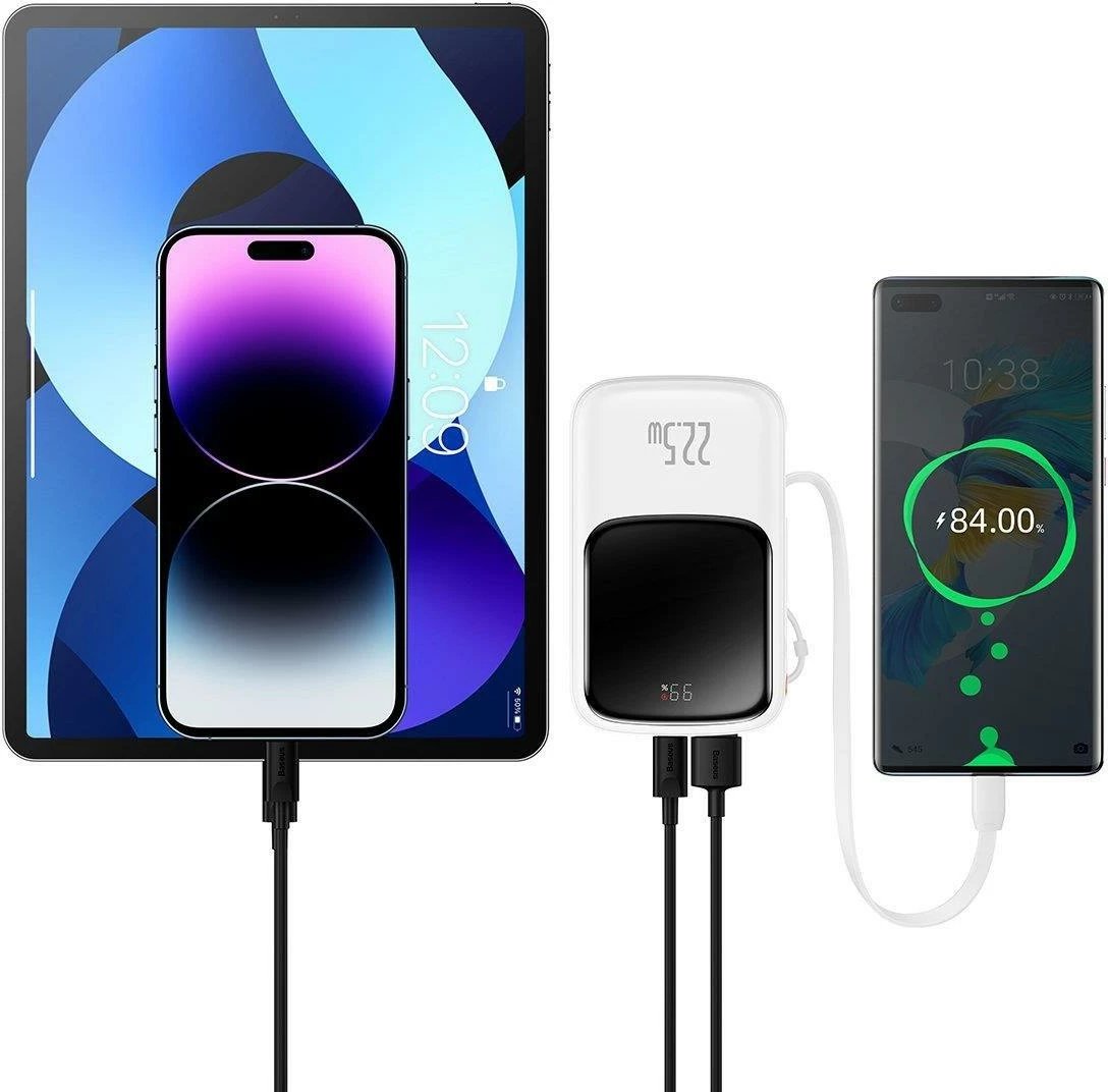 Powerbank Baseus Qpow Digital Display 10000mAh, 22.5W, me kabllo USB-C të integruar, Bardhë