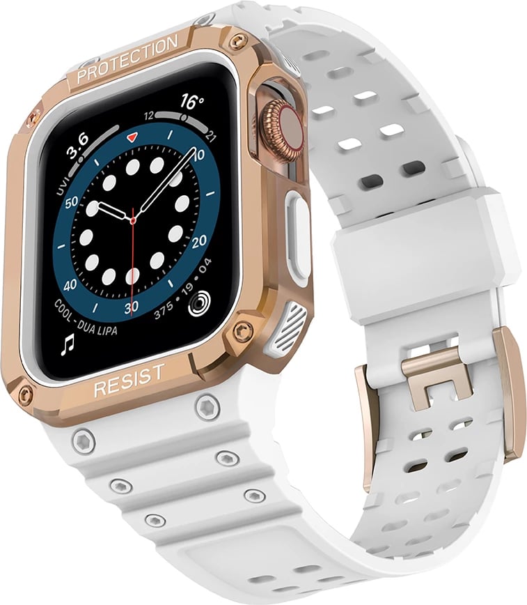 Rrip me kasë të blinduar për Apple Watch Hurtel, 41/40/38mm, Bardhë/Ari i zbehtë Rrip me kasë të blinduar për Apple Watch Hurtel, 41/40/38mm, Bardhë/Ari i zbehtë