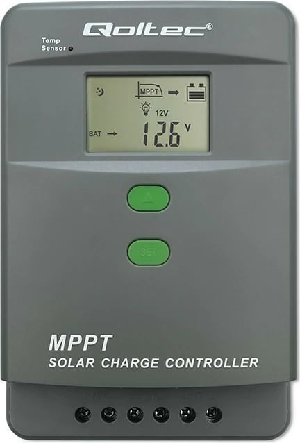 Kontroller karikimi diellor MPPT, Qoltec 53665, 60A, 12V/24V, LCD, Bluetooth me APP, sensor temperature, për GEL & LiFePO4, gri/jeshile
