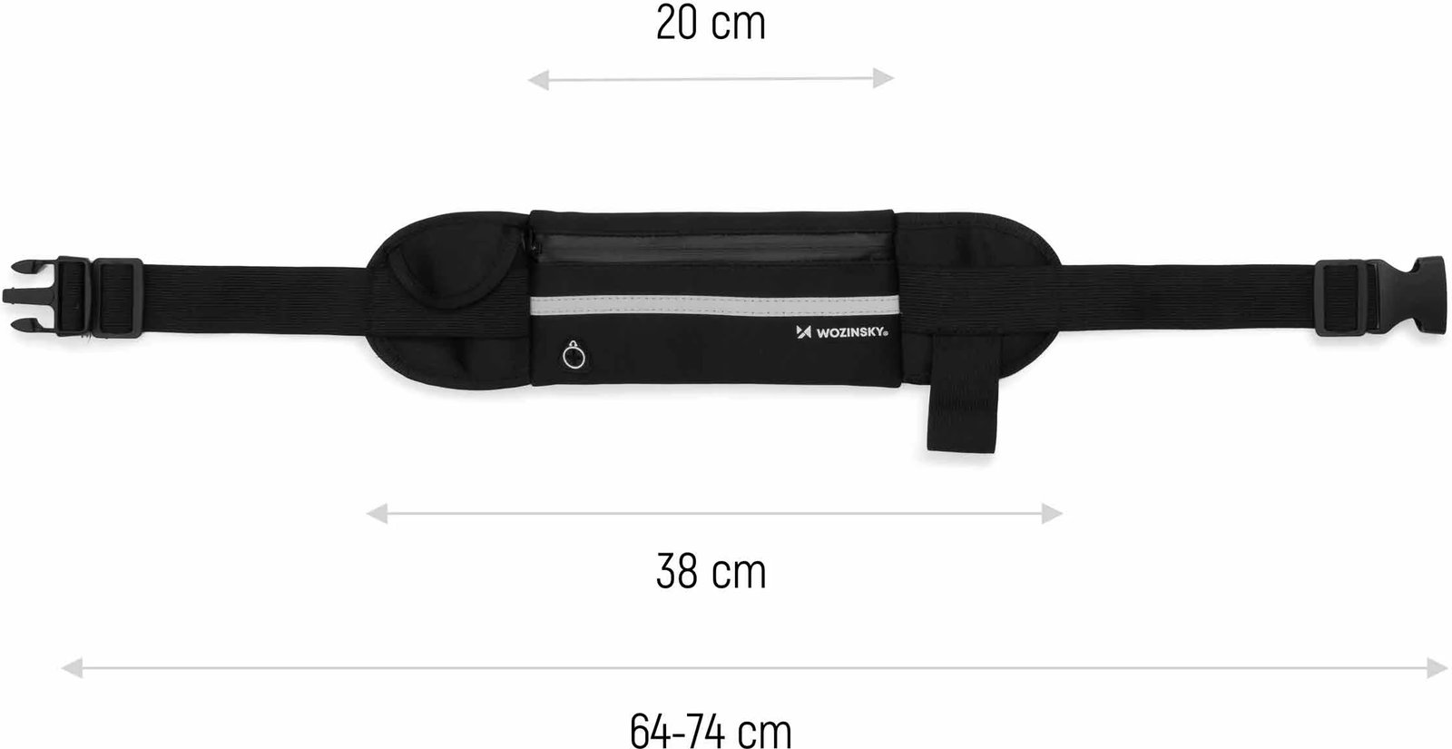 Rrip vrapimi, Wozinsky WRBBK1, neopren, i zgjërueshëm me 2 xhepa dhe mbajtës shishe, i rregullueshëm me rrip e kapëse, shirit reflektues, për telefona deri 175x90x15 mm, i zi