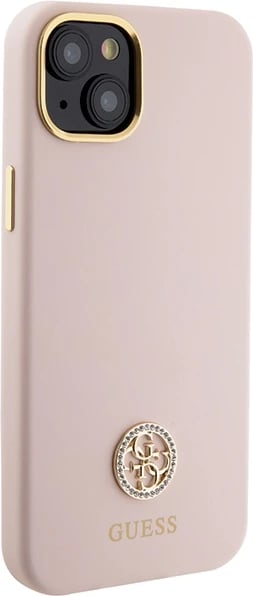 Mbështjellës Guess Silicone Logo Strass 4G për iPhone 15, Rozë e çelët