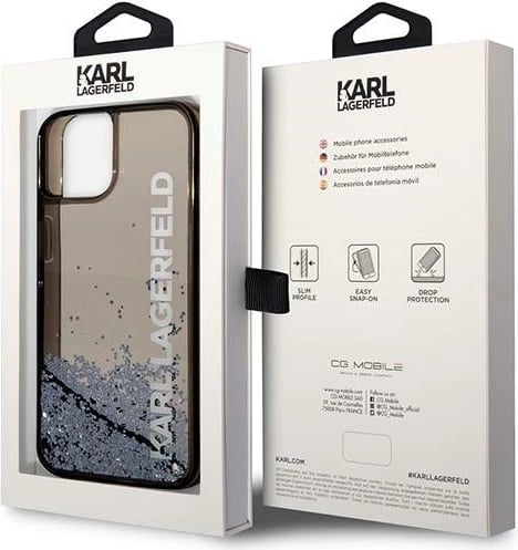 Mbështjellës Karl Lagerfeld Liquid Glitter Elong për iPhone 14, 6.1", i zi