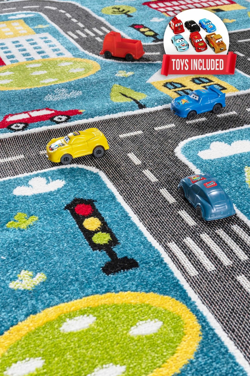 Qilim për fëmijë, dizajn trafik, ngjyrë e kaltër, 80x150cm