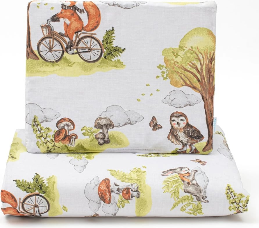 set për karrocë, NEW BABY, Animals in the Forest, i kthyeshëm velvet & pambuk, jastëk 30x25 cm + batanije 75x50 cm, jeshile, set 2-copësh