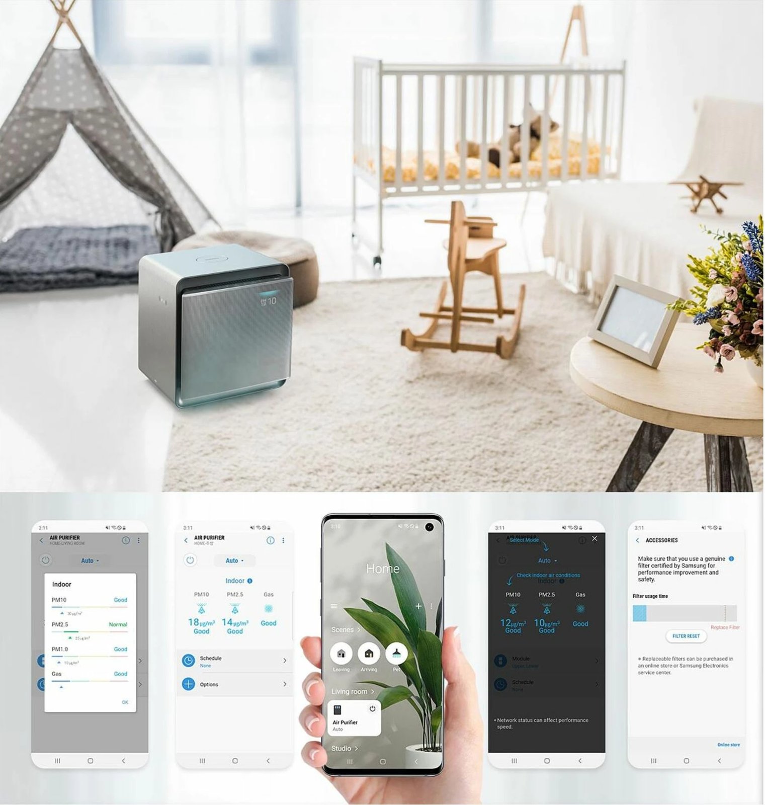 Purifikues ajri, Samsung, AX47R9080SS/EU, 47 m2, HEPA me karbon aktiv, Bluetooth/Wi‑Fi, sensor PM lazer, gri