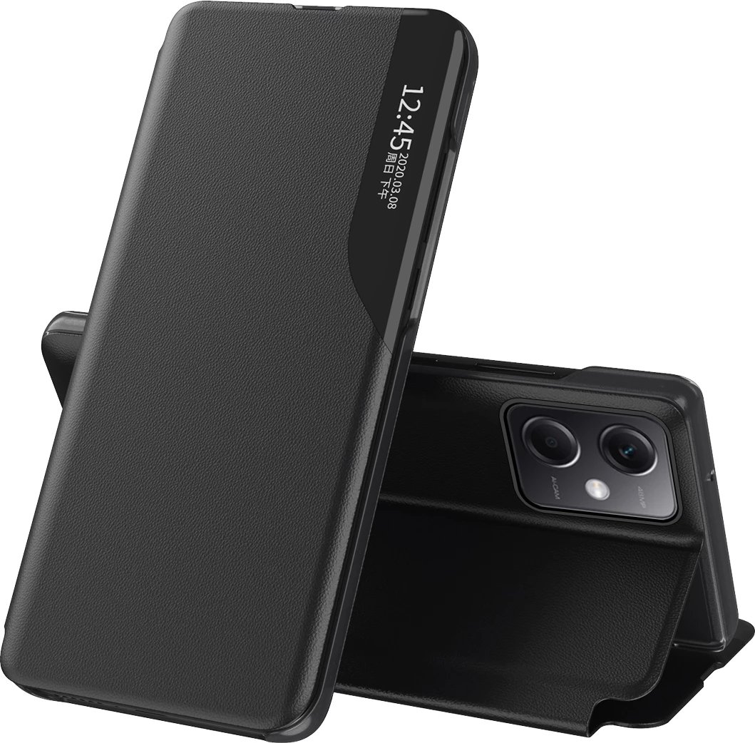 Mbështjellës Hurtel Eco Leather View Case për Xiaomi Redmi Note 12 5G / Poco X5 5G, me qëndrim, i zi