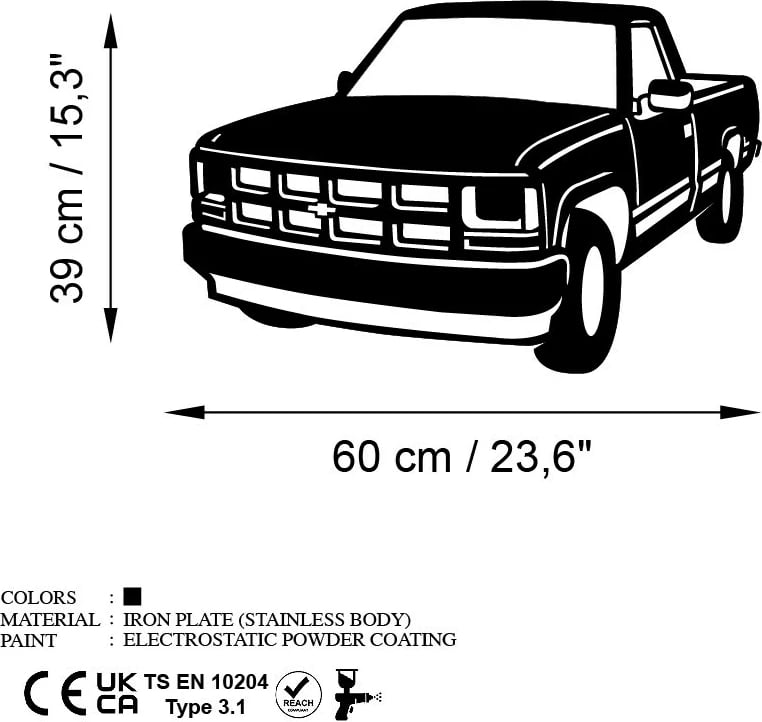 Aksesor dekorativ metalik për mur, Wallity, Chevrolet C-K (1994-1996), ngjyrë e zezë, 60x39cm