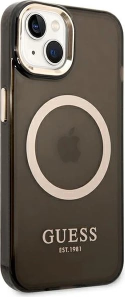 Mbështjellës Guess Gold Outline Translucent MagSafe për iPhone 14 Plus 6.7", i zi/me të artë
