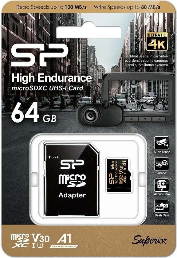 Kartelë memorie microSDXC Silicon Power 64GB High Endurance me adapter SD, V30 UHS-I U3 A1, e zezë