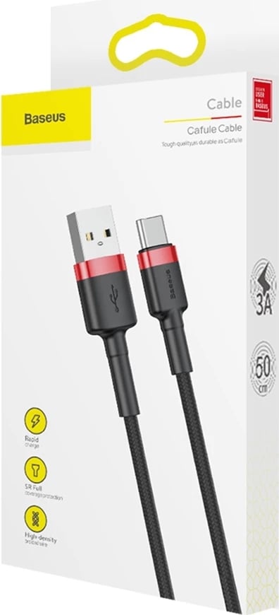 Kabllo Baseus Cafule CATKLF-A91 USB-A në USB-C, 0.5m, 3A, QC 3.0, e zezë dhe e kuqe