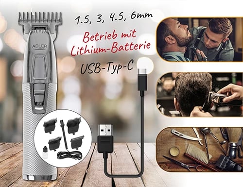 Makinë rroje trimmer Adler AD 2836, bateri 1400 mAh, teh qeramik me veshje titan gri, USB‑C, gjatësia pa kapak 0.9 mm, argjendtë, set me 4 krehra