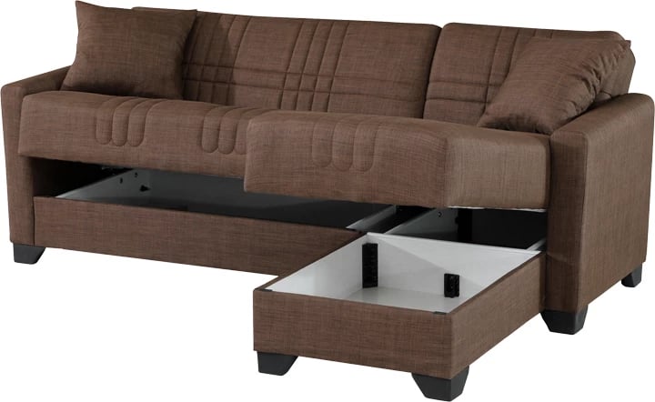 Këndore divan-krevat Stashio, material stof, ngjyrë kafe, këmbë të zeza, 202x143x84cm