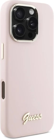 Mbështjellës Guess Silicone Script Metal Logo & Frame për iPhone 16 Pro Max, Rozë