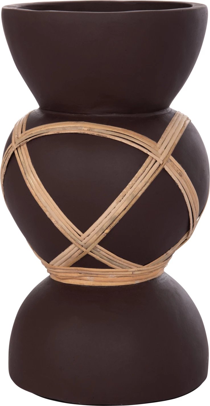 Vazo dekorative dyshemeje MAYNARD, çimento fiber, ngjyrë çokollate, ratan natyral, Φ27.5x50cm