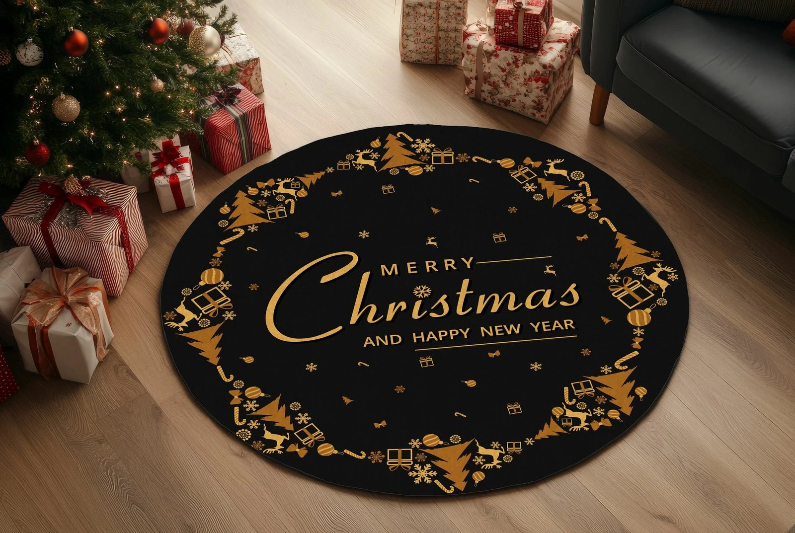 Qilim i rrumbullakët, tematikë Krishtlindjesh, shumëngjyrësh, 180x180cm, Crp-Yrlk26-8