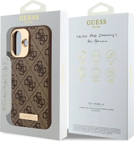 Mbështjellës Guess 4G Logo Plate MagSafe për iPhone 16 Plus, Kafe