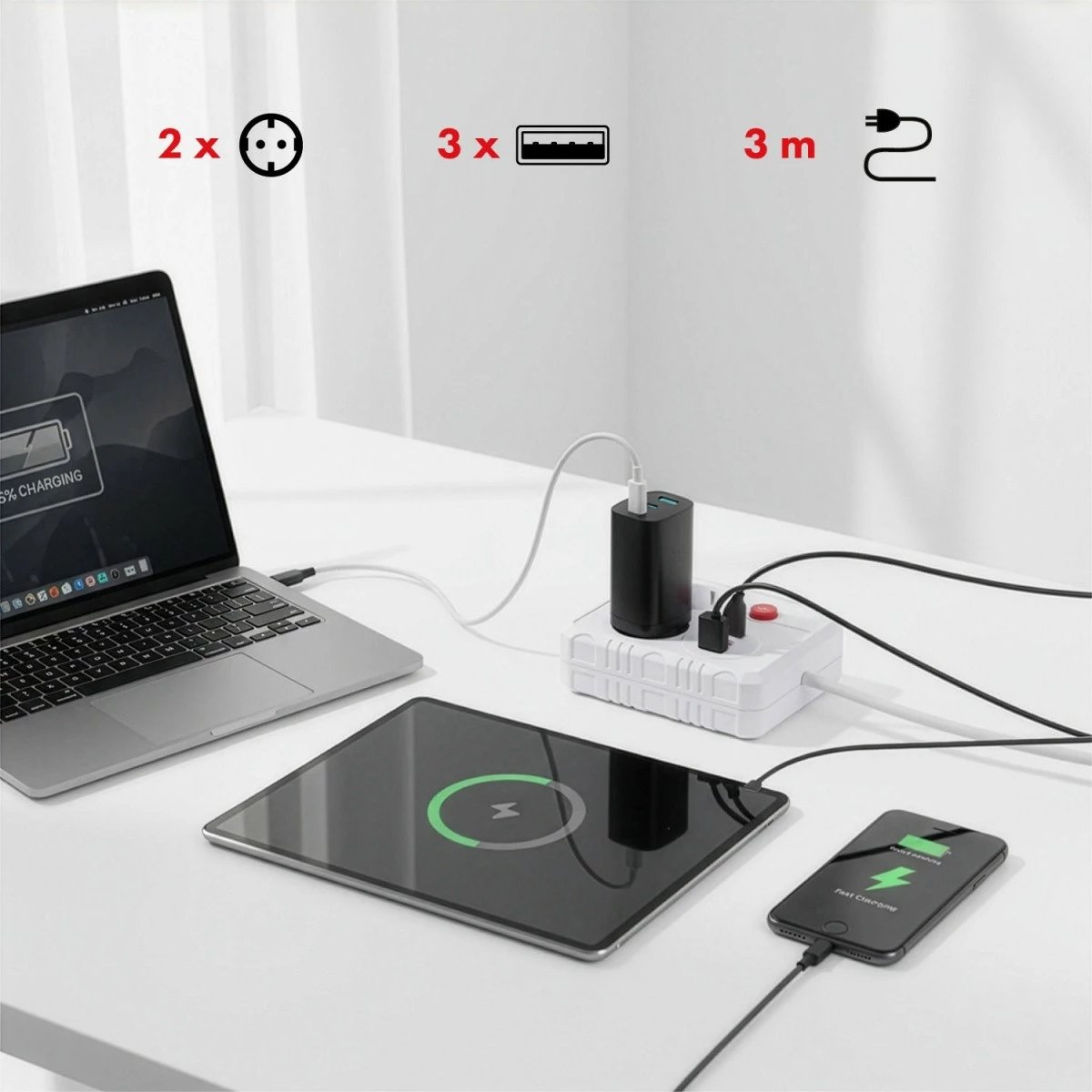 Zgjatues elektrik, Maclean MCE388 W, 2 priza Schuko, 3xUSB 2.1A, 2500W, 110-240V AC, kabllo 3m, i bardhë