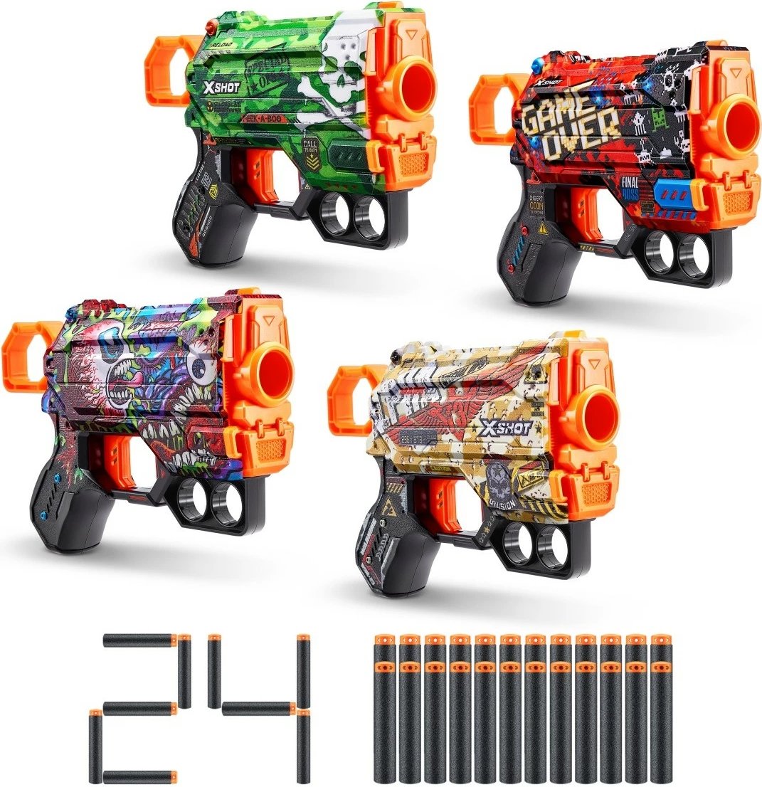 Set blastera lodër ZURU X-Shot Skins Menace, 4 copë, 24 shigjeta, shumëngjyrëshe