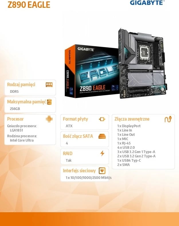 Pllakë amë Gigabyte Z890 EAGLE, Socket LGA1851, 4x DDR5, ATX