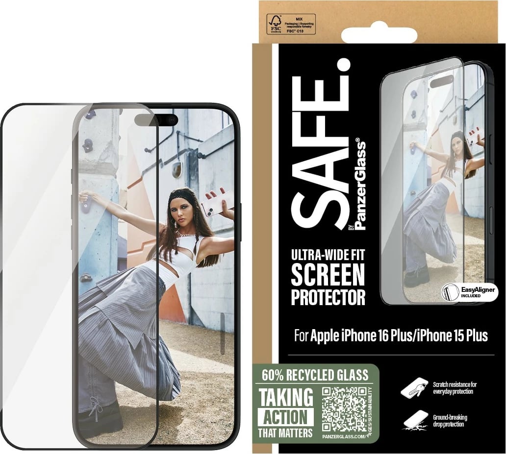 Mbrojtës ekrani PanzerGlass SAFE. iPhone 16/15 Plus, kornizë e zezë