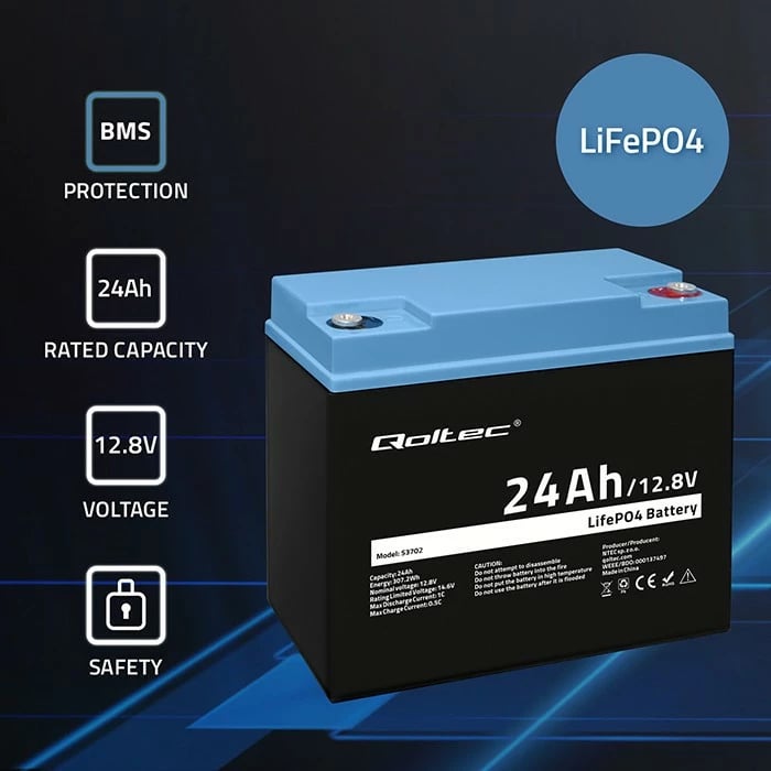 Bateri LiFePO4 Qoltec 53702, 24Ah, 12.8V, me BMS