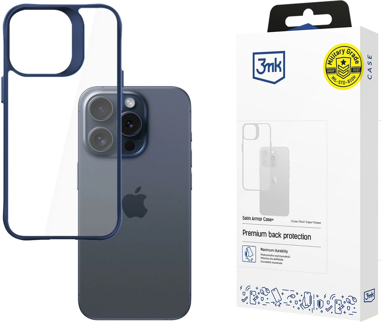 Mbështjellës 3mk Satin Armor Case+ për iPhone 15 Pro Max, Transparent, Kaltër