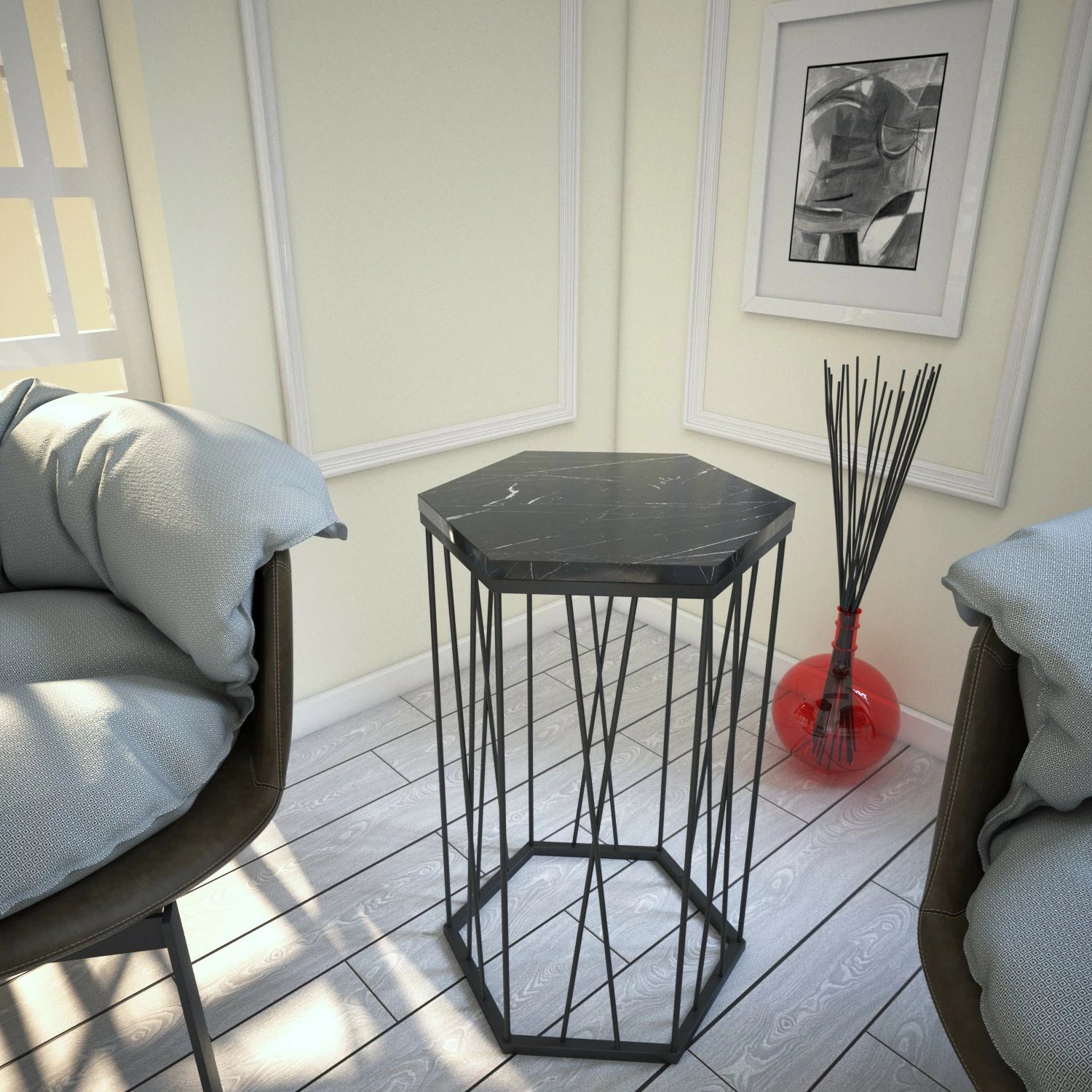 Tavolinë anësore Hanah Home, ngjyrë mermeri dhe e zezë