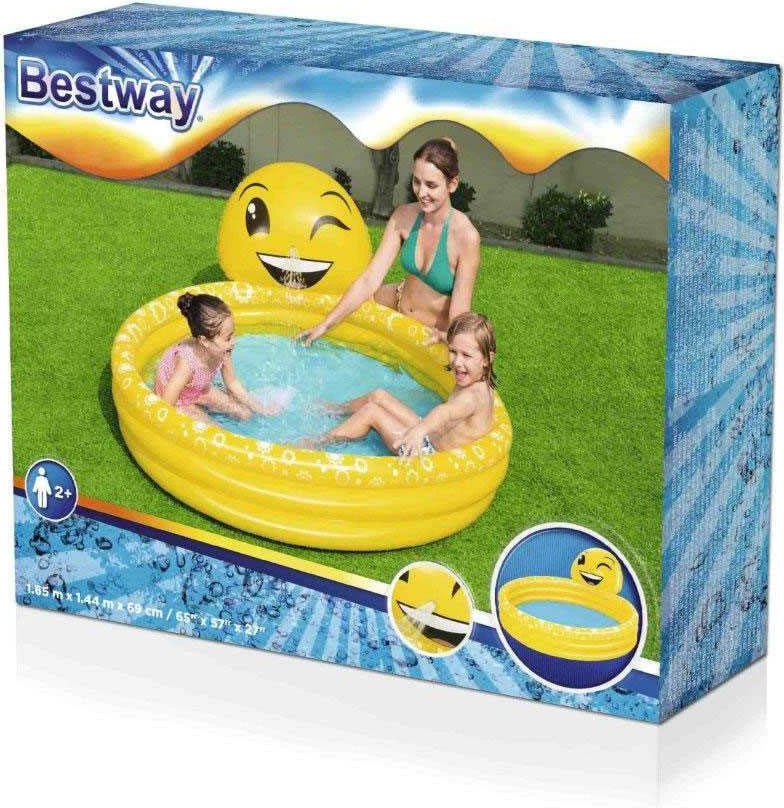 Pishinë fryrëse, Bestway Smiley (Emoji), 1.65 x 1.44 x 0.69 m, 282 L, me spërkatës uji, e verdhë