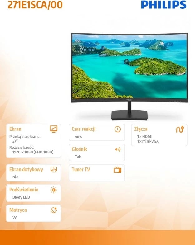 Monitor Philips 271E1SCA/00, 27", VA, FHD, i lakuar, HDMI, FreeSync, i zi