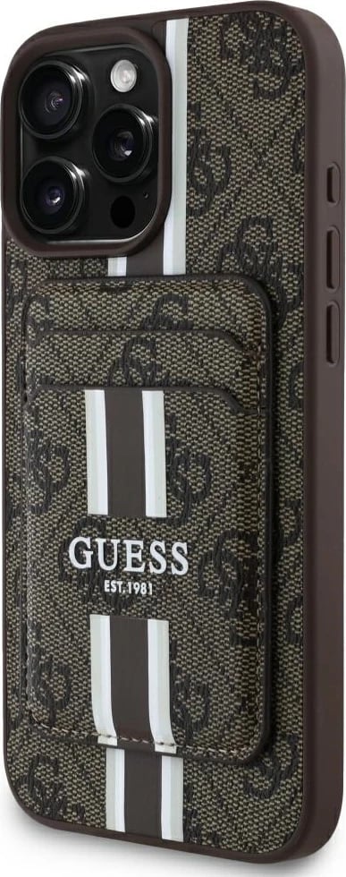 Mbështjellës Guess 4G Stripes me portofol MagSafe për iPhone 16 Pro Max, Kafe