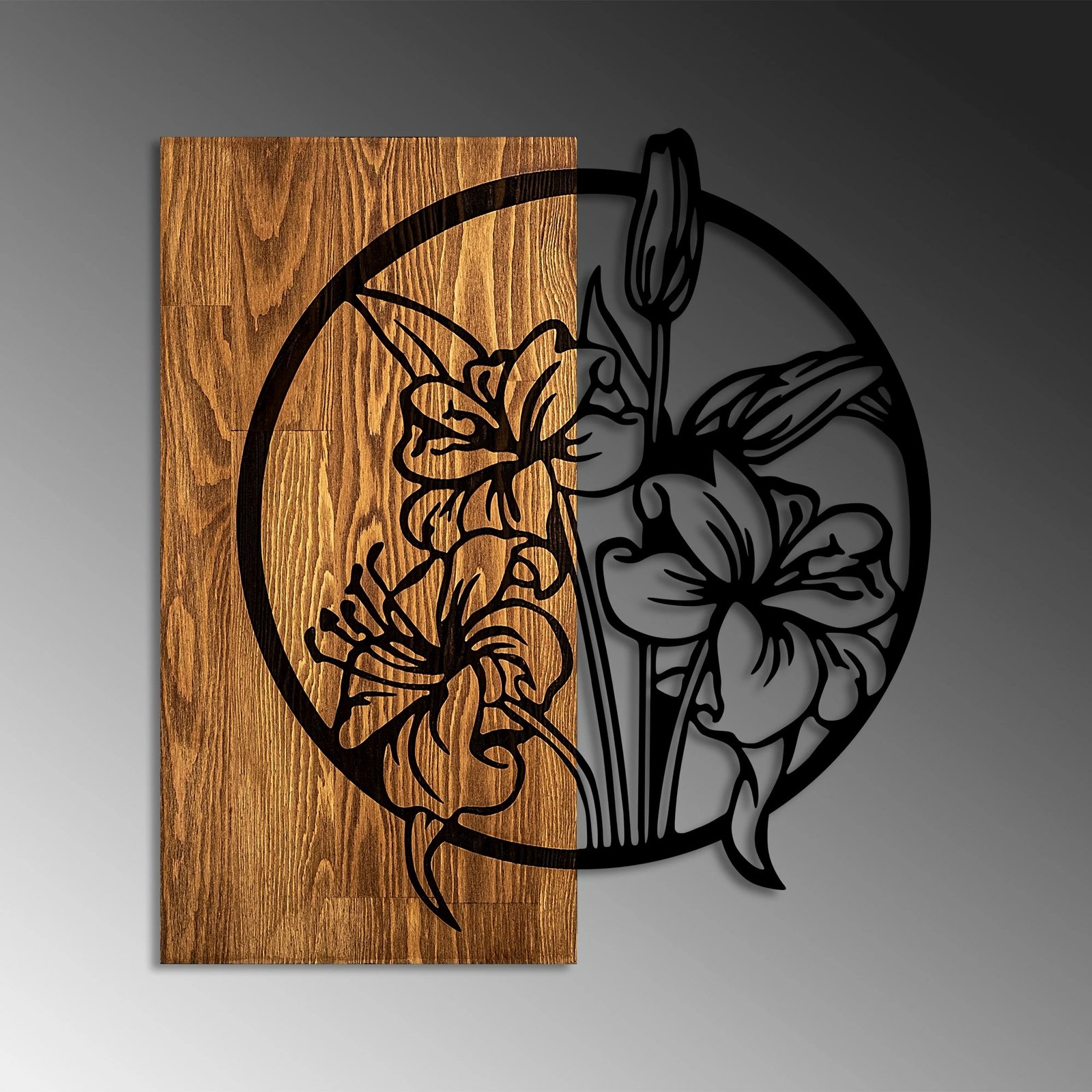 Aksesor dekorativ prej druri për mur, Wallity, lule, ngjyrë arre dhe e zezë