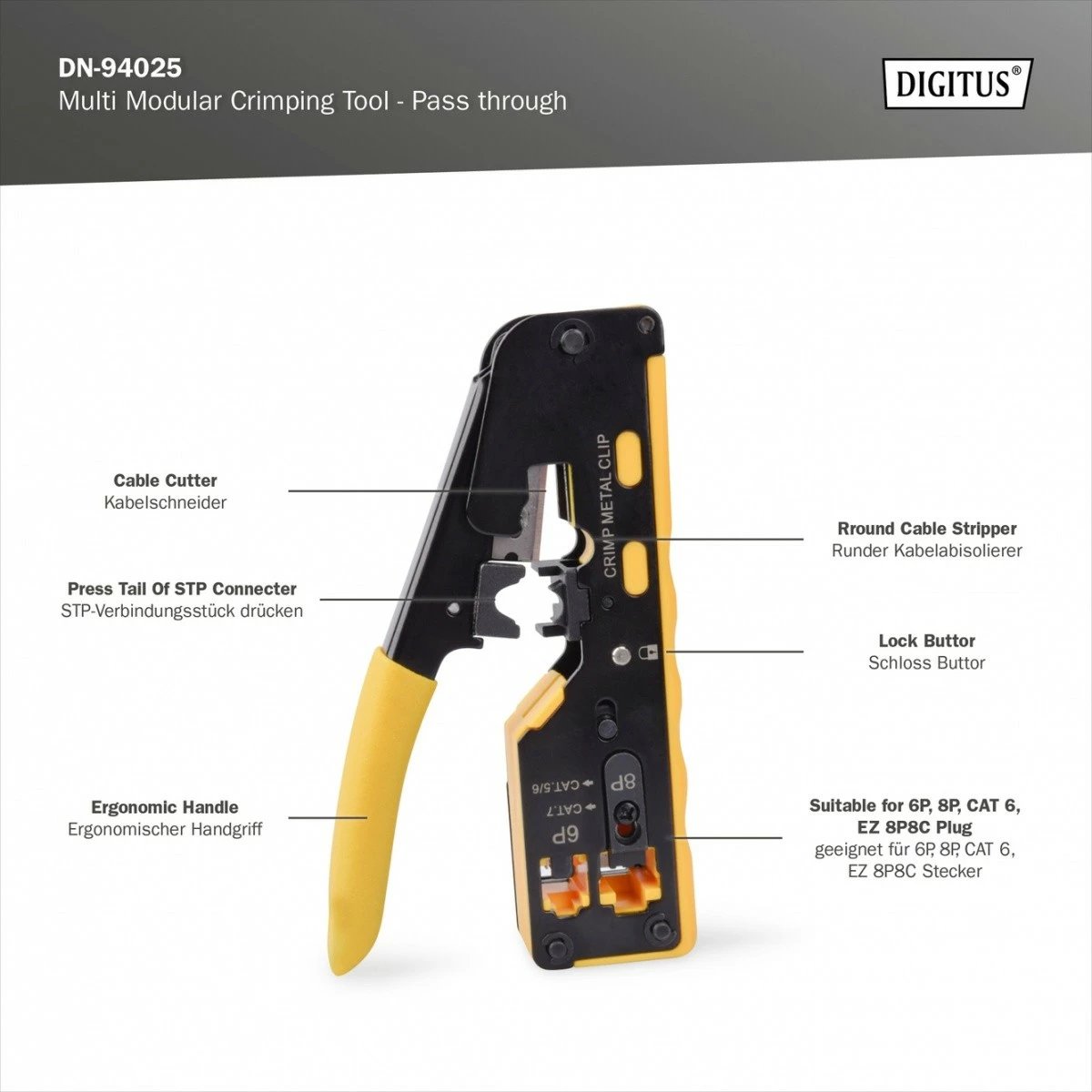 Mjet krimpimi Digitus DN-94025 për konektorë RJ45 Cat.5e/Cat.6, RJ12, RJ11, Metal, me prerje dhe heqje izolimi