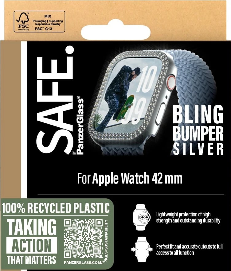 Mbështjellës PanzerGlass SAFE Bling Bumper për Apple Watch 10/42mm, transparent