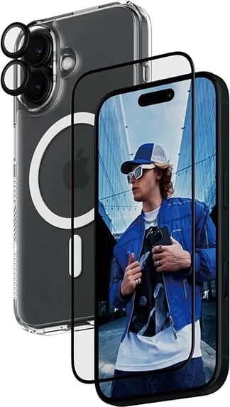 Mbështjellës PanzerGlass 3in1 për iPhone 16 6.1", hardcase transparent + mbrojtës ekrani + mbrojtës lente