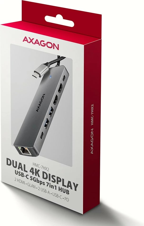 Multiport hub AXAGON HMC-7HX2, 7-në-1, 2x HDMI 4K/60Hz, 2x USB-A, 1x USB-C, GLAN, PD 100W, Gri