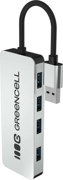 Hub USB-A, Green Cell HUB-GC-A4A, 4x USB 3.0 deri 5 Gb/s, kabëll i integruar 15 cm, kasë alumini, argjend/zi