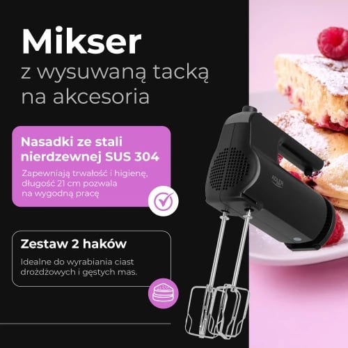 Mikser dore, Adler AD 4230, 300W 5 shpejtësi Turbo me sirtar aksesorësh, i zi