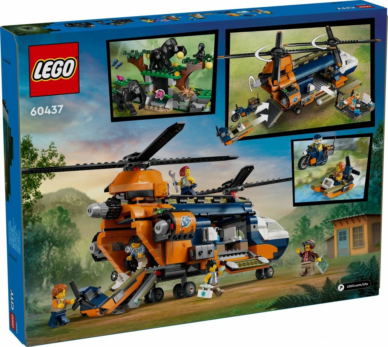 Set LEGO City Jungle Researcher Helicopter Base 60437, 881 pjesë, për fëmijë 8+, me helikopter, motor, hovercraft, 5 minifigura dhe 3 gorilla