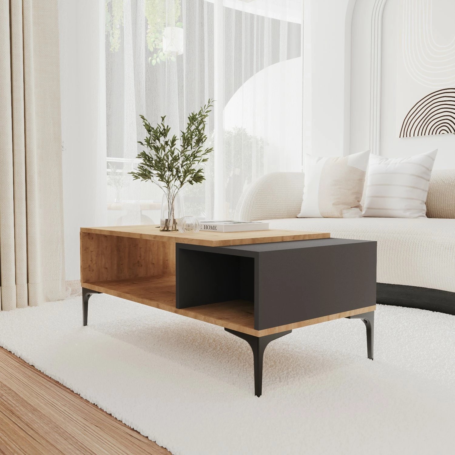 Tavolinë e ulët Hanah Home, Tarz, anthracite dhe lis