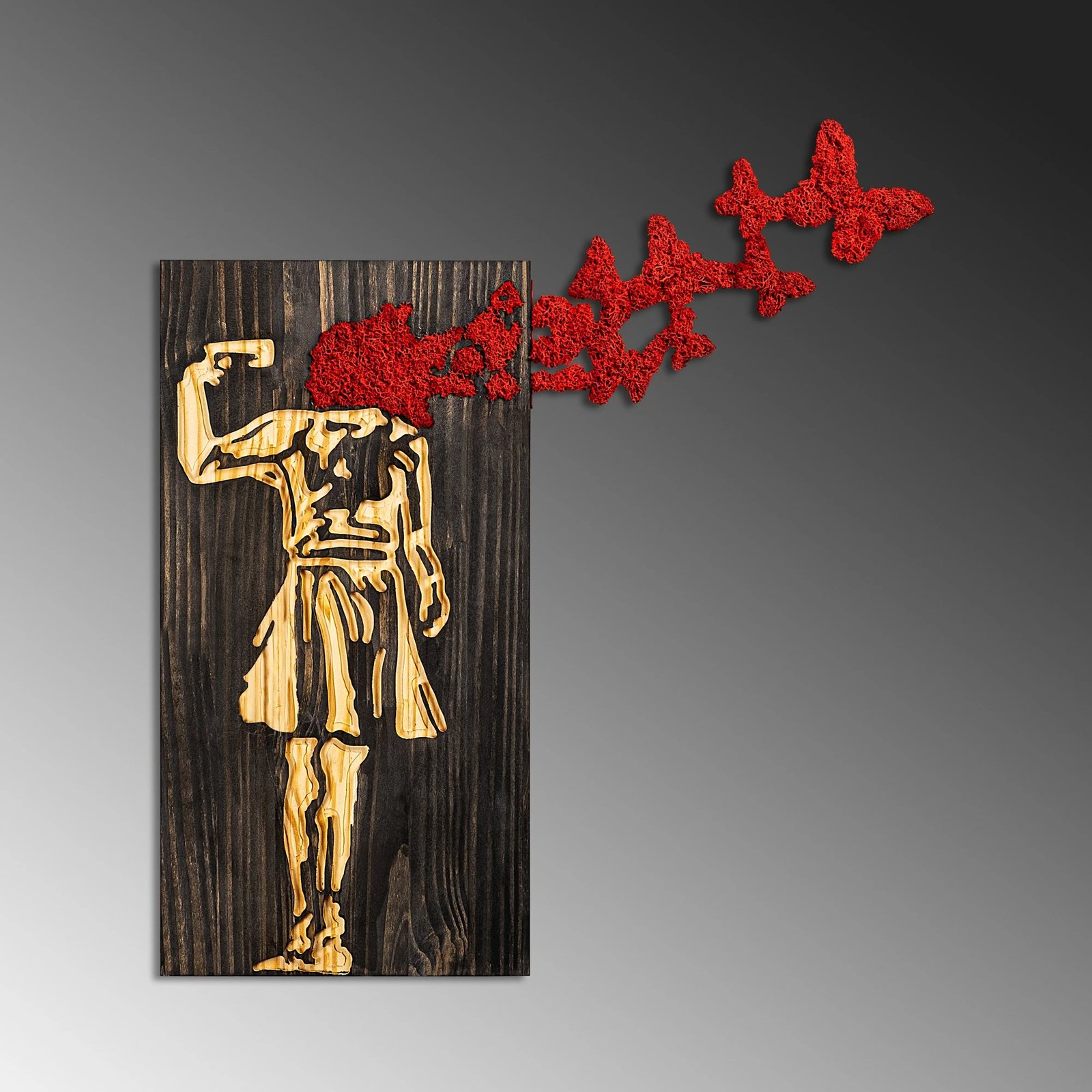 Aksesor dekorativ muri prej druri, Wallity Banksy, ngjyrë arre, kafe, e kuqe, 62x70cm