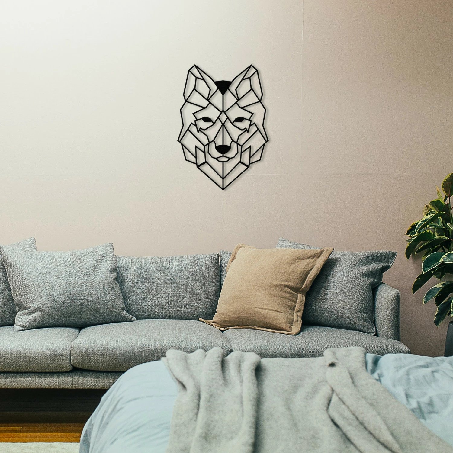 Aksesor dekorativ metalik për mur, Wallity, dizajn ujku, ngjyrë e zezë, 41x57cm