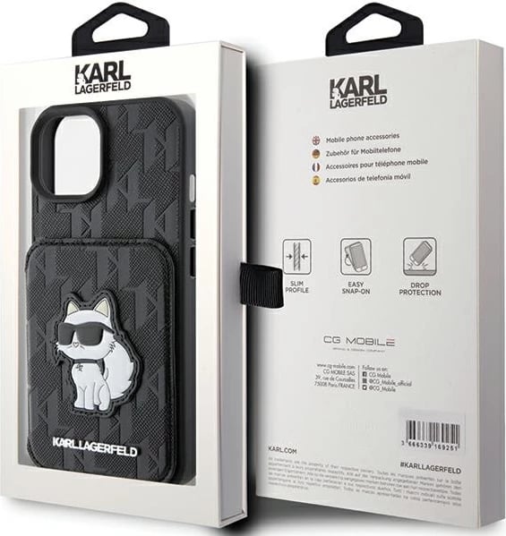 Mbështjellës Karl Lagerfeld Saffiano Cardslots & Stand Monogram Choupette për iPhone 15, i zi