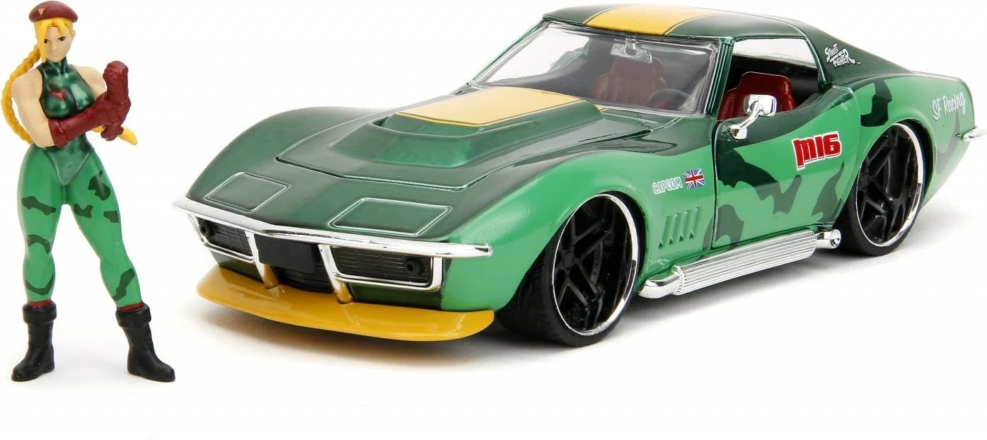 Veture lodër Jada Toys Street Fighter 1969 Chevrolet Corvette 1:24 me figurë Cammy, Gjelbër/Verdhë