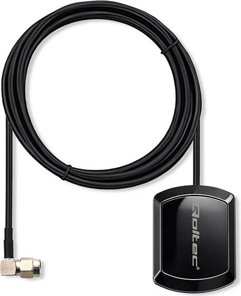 Antenë GPS/GLONASS omnidireksionale Qoltec 57057, 28 dBi, RHCP, bazë magnetike, SMA këndor, 50Ω, jashtë, e zezë