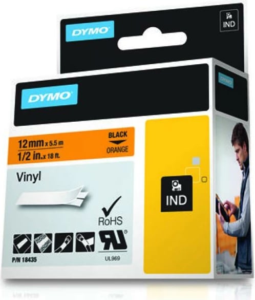 Shirit etiketimi, Dymo, vinyl vetëngjitës 18435 S0718490, 12mm x 5.5m, zezë/portokalli