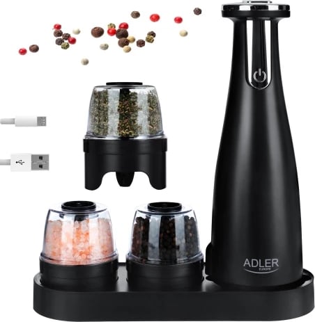 Mulli elektrik për kripë dhe piper, Adler AD 4449, rregullim trashësisë, kapacitet 150 ml, bateri 1500mAh, USB-C, e zezë mat, set 3 mullinj