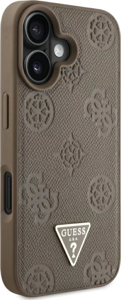 Mbështjellës Guess Grained Hot Stamp Peony Triangle Logo MagSafe për iPhone 16, Kafe